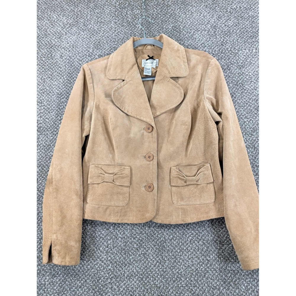 Live a Little Tan Suede Leather Jacket Bow Pocket Blazer Style 5396WS Small